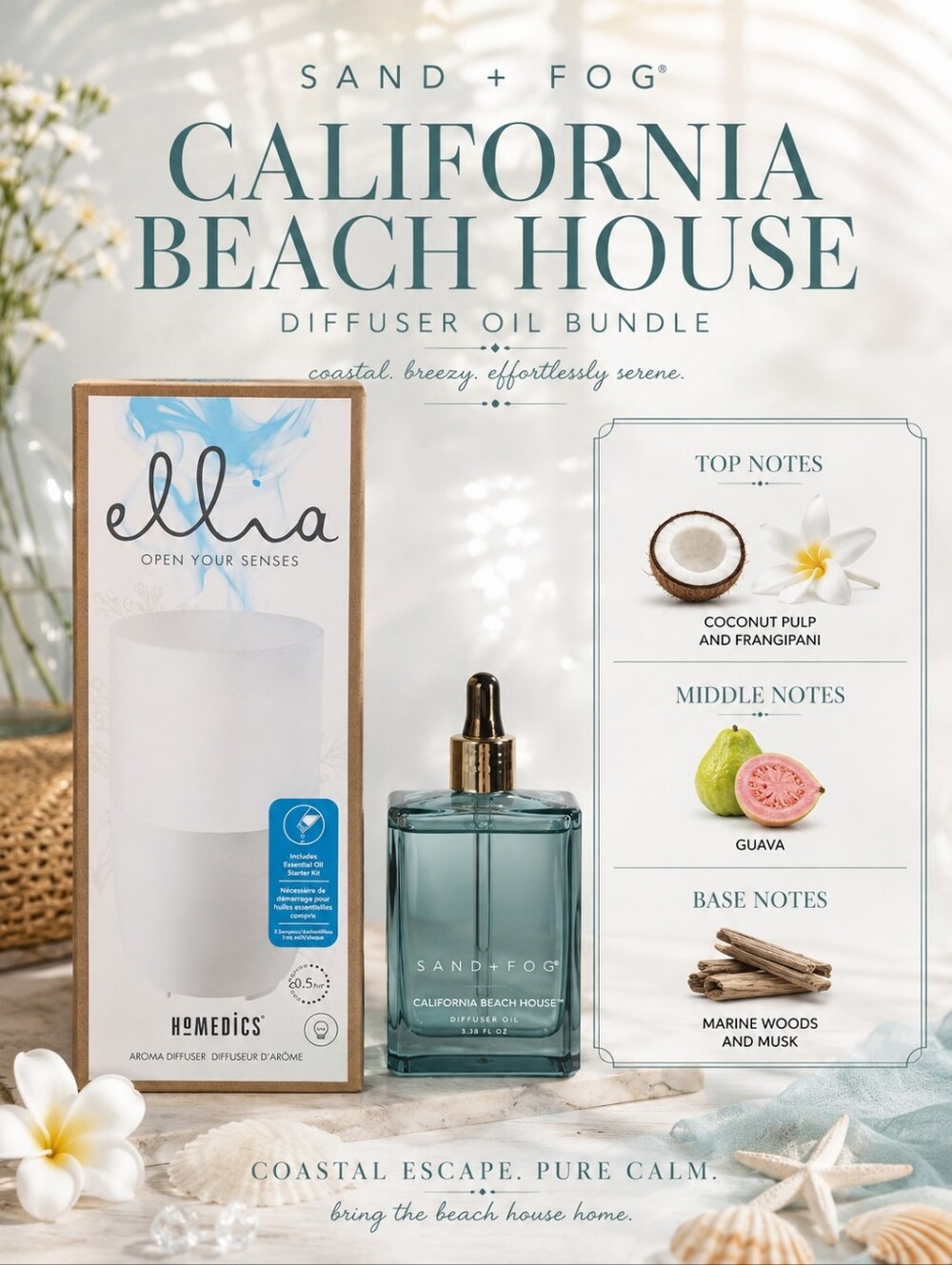 Ellia Aroma Diffuser & California Beach House Sand + Fog Diffuser Oil Bundle